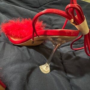 Azalea Wang Red Lace Up Feather Heels